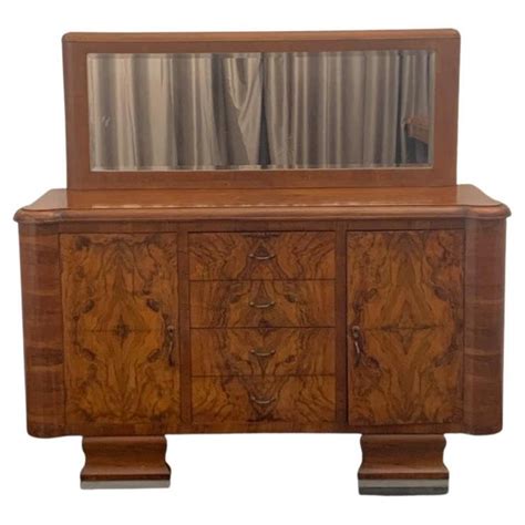 Walnut And Burl Walnut Sideboards With Wavy Lines And Mirror 1940s
