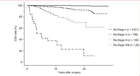 Kaplan Meier Curves For Css Of Re Stage I Ii Iii And Ivb Patients