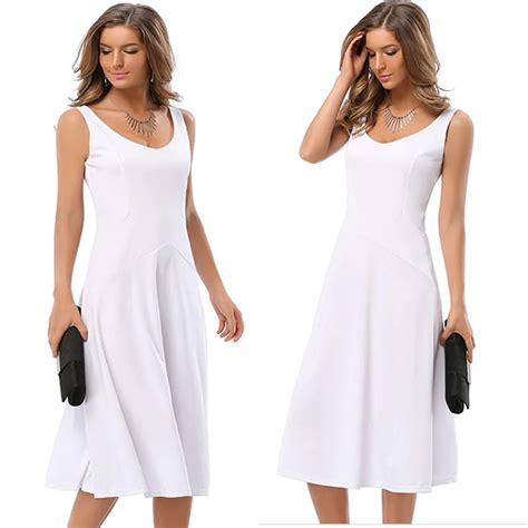 Elegant Women Midi Dress Casual Sexy Vintage White Sleeveless Solid Stretch Wear To Work Loose
