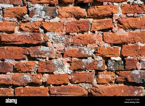 Very Old Weathered Damaged Badly Repaired Hand Made Red Brick Wall