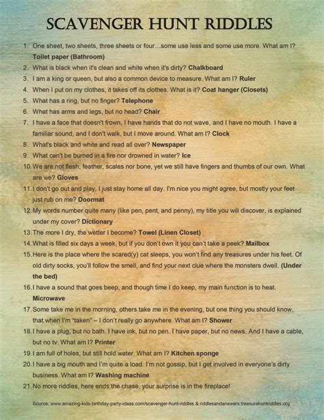 As a side note, these are all clean riddles, not dirty riddles. My Newfound Love of Scavenger Hunts: 10 Reasons to Try ...