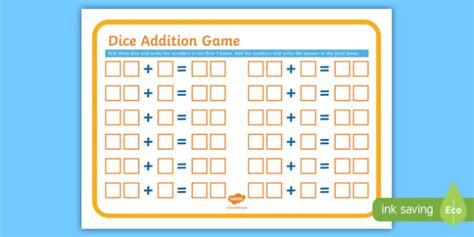 Dice Addition Recording Sheet Game Twinkl