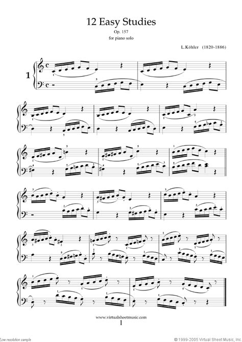 Kohler Easy Studies 12 Op157 Sheet Music For Piano Solo