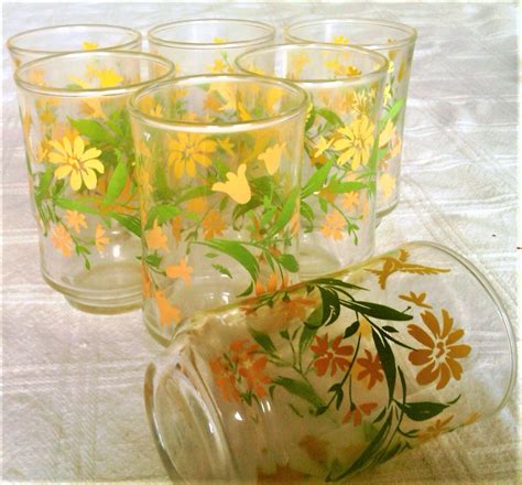 Seven Unique Vintage Juice Glasses With Yellow Flowers And Green Leaves Yellow Flowers Unique