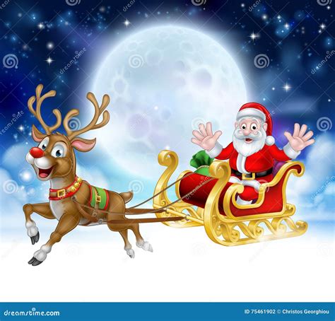 Cartoon Santa Reindeer Sleigh Christmas Scene Stock Vector