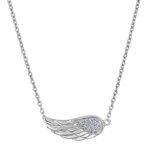 Sterling Silver Sideways Angel Wing Pendant Cz Fashion Necklace 18