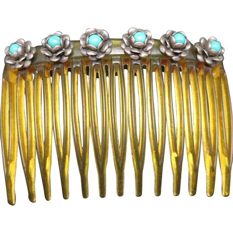 Sterling Silver Hair Comb Turquoise Glass Flowers From Unsignedbeauty