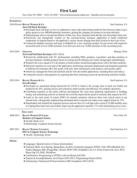 Java Full Stack Developer Resume Example For 2023 Resume Worded