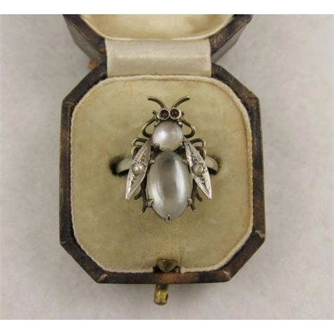 Antique Victorian Silver Moonstone Pearl Insect Ring Fly Bee With