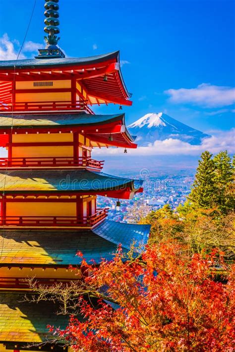 Beautiful Landscape Of Mountain Fuji With Chureito Pagoda Around Maple