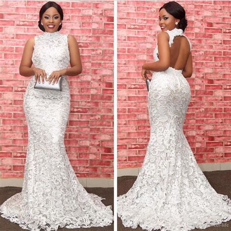 Aso Ebi Style White Lace Formal Evening Dresses Backless High Neck
