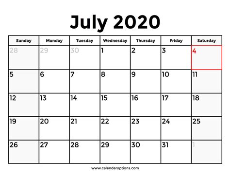 July 2020 Calendar With Holidays Calendar Options