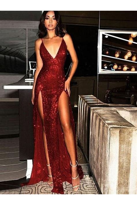 Sexy Spaghetti Straps V Neck Sparkling Long Prom Dress Formal Evening Dresses With High Slits