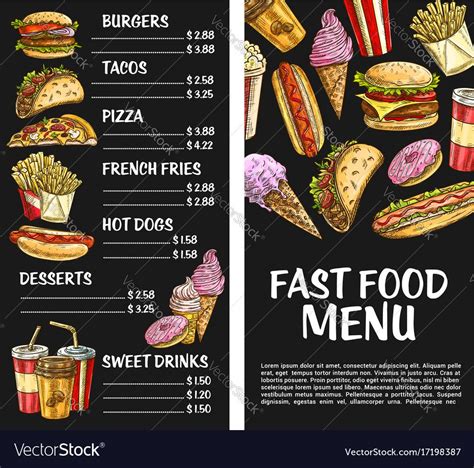 Fast Food Menu Template Vector Price Set For Fastfood Meals And Burger