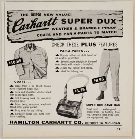 1960 print ad carhartt super dux weather proof clothing hamilton detroit mi ebay