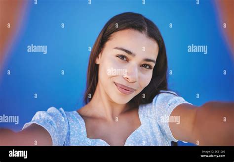 Smile Happy And Taking Selfie With Woman Showing Face During Travel Against Blue Background