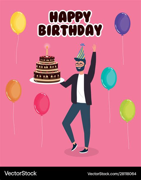 Happy Birthday Man With Cake Balloons Celebration Vector Image