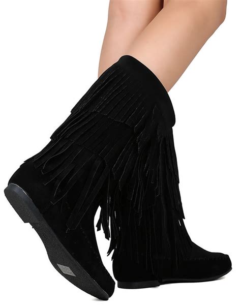 women s knee high mid calf boots ruched suede slouch knitted calf buckles fringe black 8 5