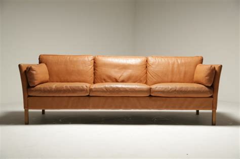 Vintage Danish Tan Leather 3 Seat Sofa Retro Mid Century For Sale In