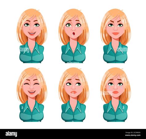 Face Expressions Of Woman With Blonde Hair Different Female Emotions Set Beautiful Cartoon