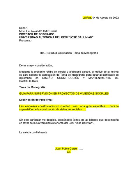 Formato Carta De Solicitud De Aprobación De Tema De Monografia La Paz