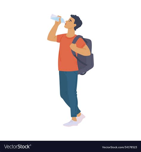 Young Man Drinking Water From Bottle Flat Cartoon Vector Image