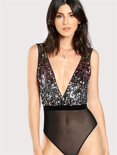 Contrast Sequin Plunging Cami Bodysuit Emmacloth Women Fast Fashion Online