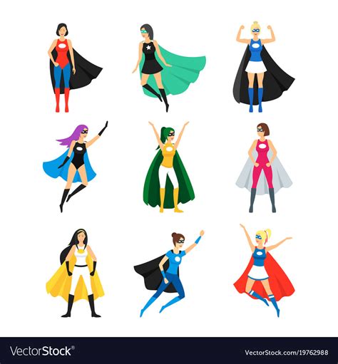 Cartoon Female Superhero Characters Icon Set Vector Image