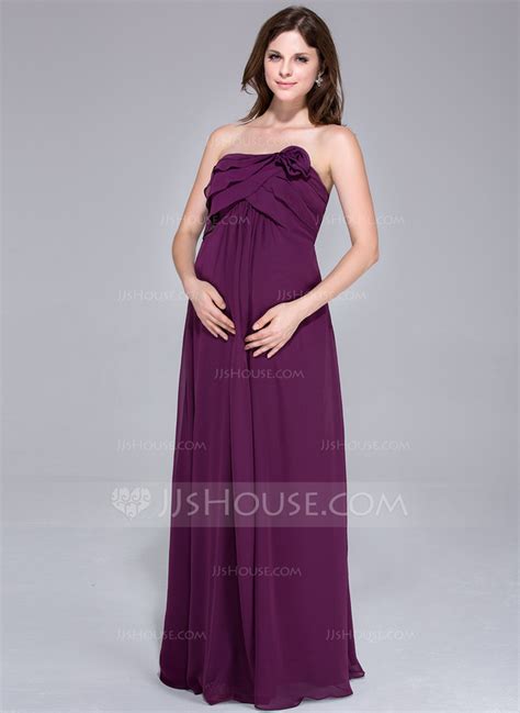 Empire Strapless Floor Length Chiffon Maternity Bridesmaid Dress With Flowers Cascading