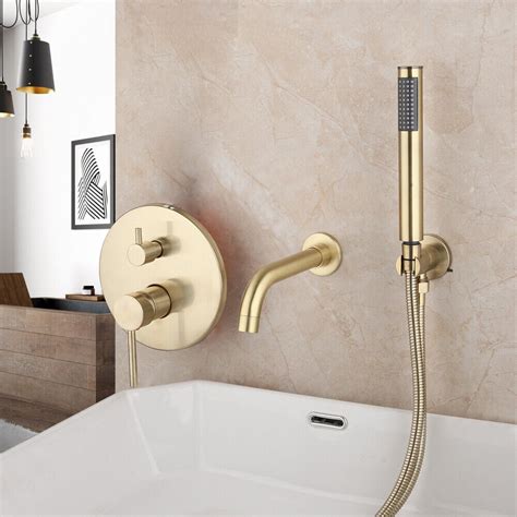 Brushed Gold Bathroom Tub Wall Mount Faucet With Hand Spray Mixer Shower Tap Set Ebay