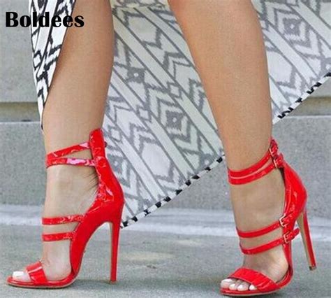Women Red Sandals Sexy High Heels Ankle Strap Gladiator Sandals Open Toe Celebrity Shoes 12cm