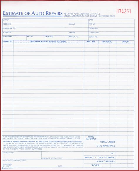 Free Printable Auto Repair Estimate Form The Mechanic Will List Out The