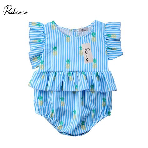 Pudcoco 2018 Printed Infant Baby Girl Bodysuits Ruffles Striped Newborn