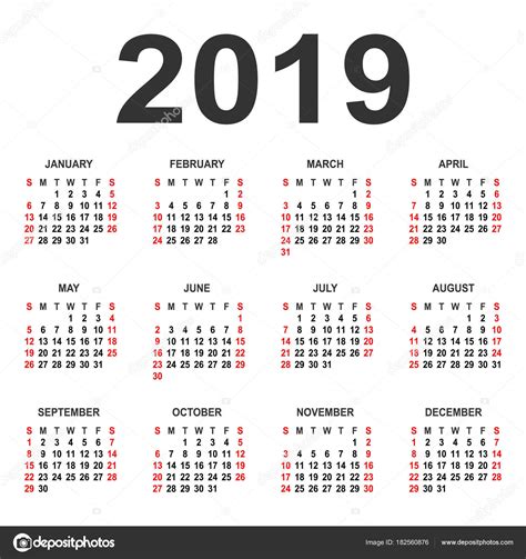 Calendario 2019 Año Vector Diseño Plantilla Stock Vector By ©forden