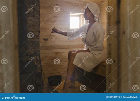 Beautiful Young Woman Relaxing In Finnish Sauna Stock Image Image Of