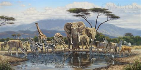 Watering Hole With Animals Tree African Elephant African Animals