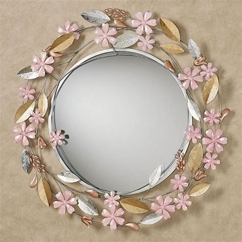 Wildflower Reflections Pink Floral Round Metal Wall Mirror Flower