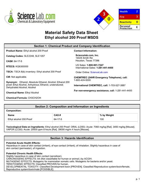 Material Safety Data Sheet Ethyl Alcohol 200 Proof Msds Docslib