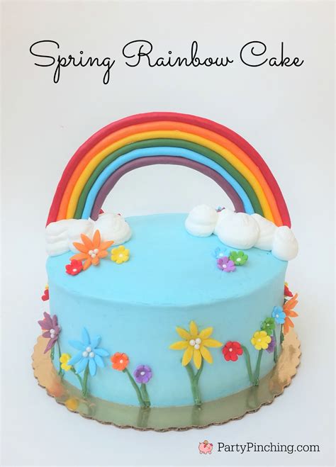 Spring Rainbow Cake With Bright Cheerful Flowers And Fluffy Clouds