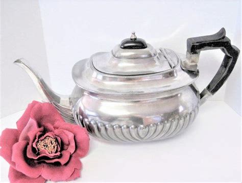 Art Deco Silverplate Teapot Vintage Ribbed Front Bakelite Etsy Tea
