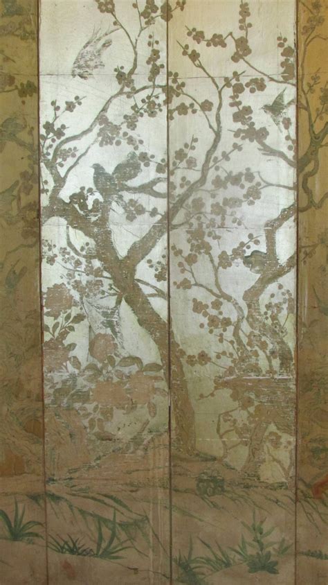 Silver Leaf Chinoiserie Paint Decorated Wallpaper Screen At 1stdibs