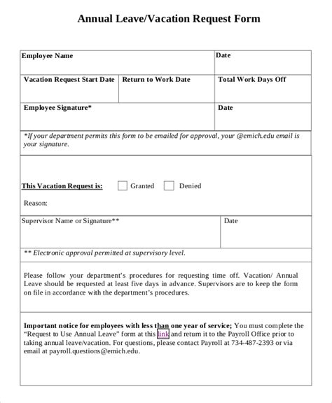 Free Sample Vacation Request Forms In Pdf Ms Word