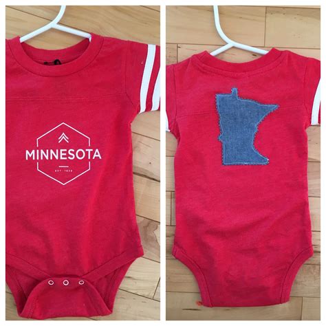 Minnesota Sporty Baby Onesie ~ 6 Months ~ NEW ~ One-of-a-Kind ~ Denim MN Appliqué ~ Red Sporty ...