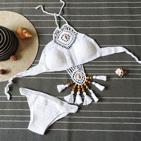 Navajo Macramé Crochet Bikini White And Beige High Neck Swimwear Swimwear Beachwear Bikini