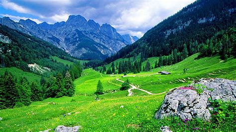 Hd Wallpaper Mountain Landscape Lake Pine Trees Sky Berchtesgaden