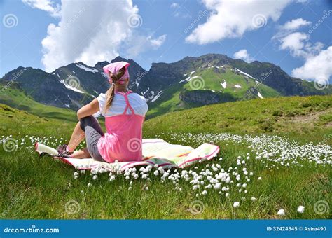 Girl In An Alpine Meadow Stock Image Image Of Alpine 32424345