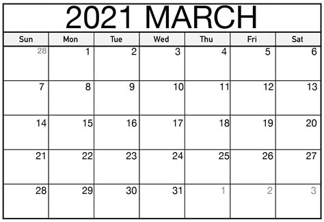 Calendar 2021 March Printable Free Letter Templates
