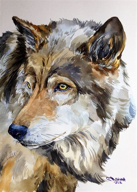 Grey Wolf Portrait Wildlife Animal Original Watercolor Painting 115х