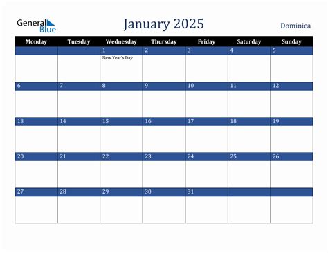 January 2025 Dominica Holiday Calendar