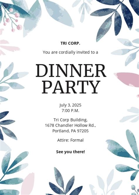 Formal Dinner Party Invitation Template Free  Illustrator Word